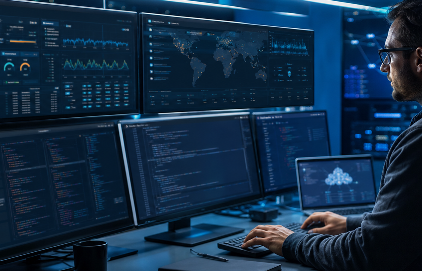 Profissional monitorando infraestrutura VPS em ambiente moderno